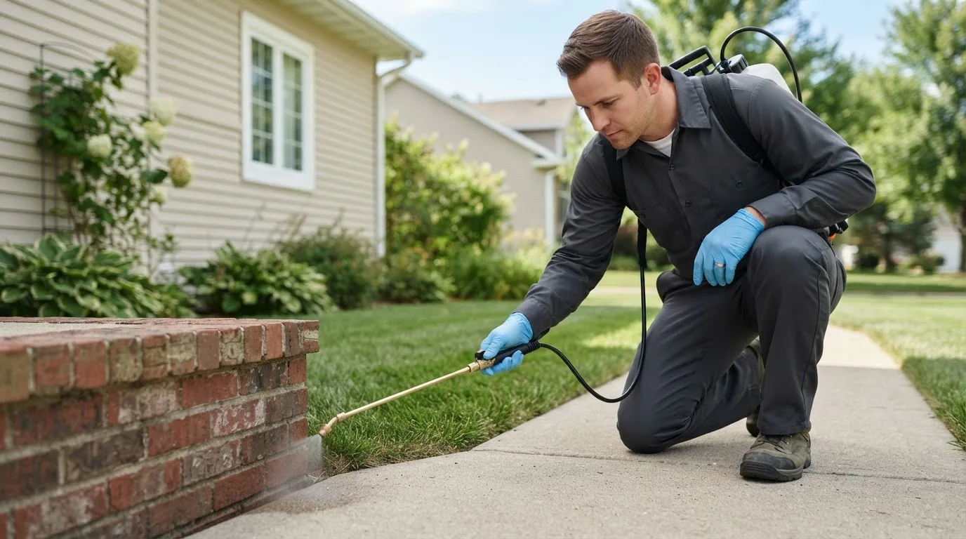 Pest control technician treating a home near Rugby, ND